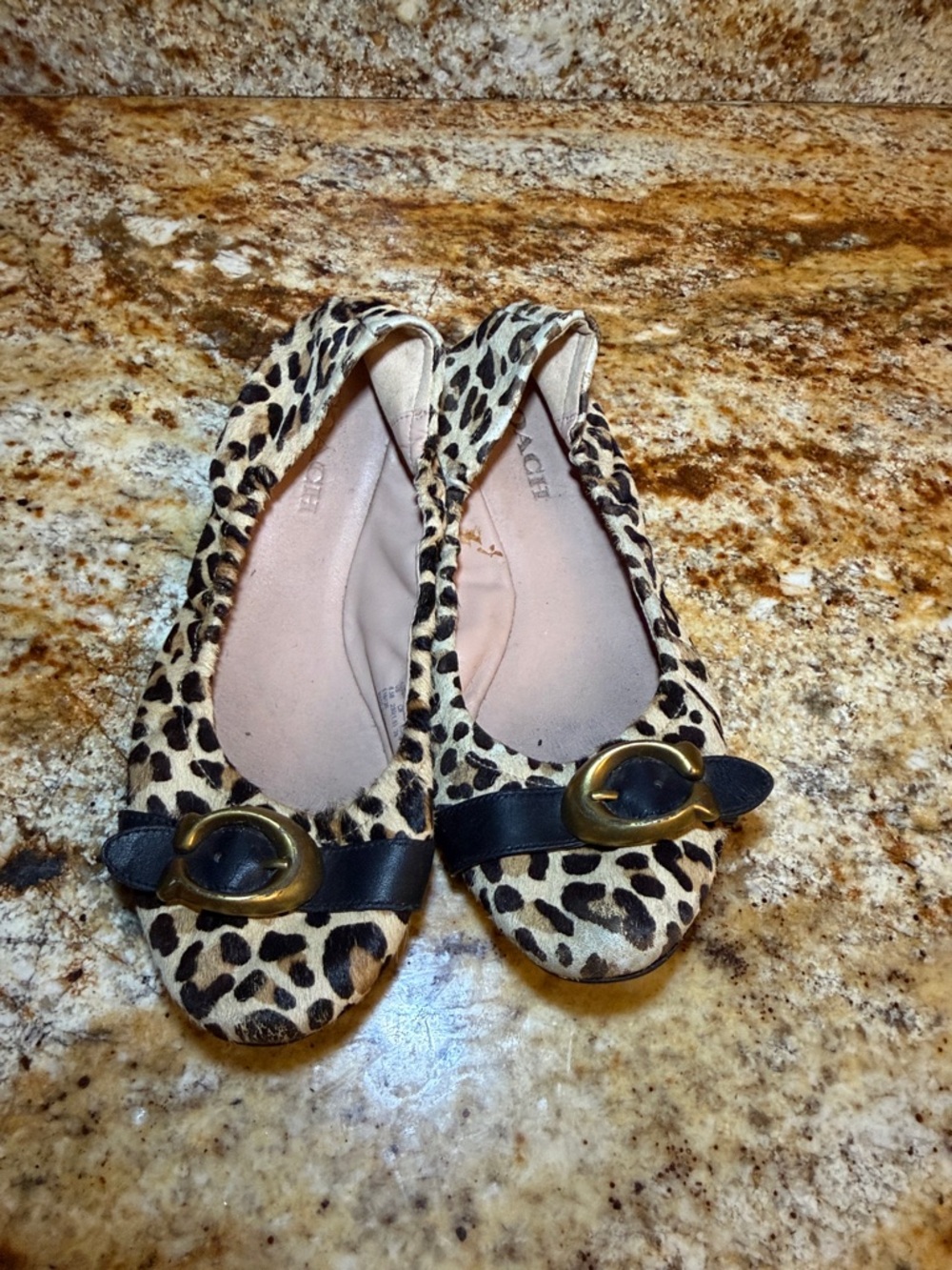 Coach Leopard Print Ballet Flats with Black Strap and Gold Buckle
